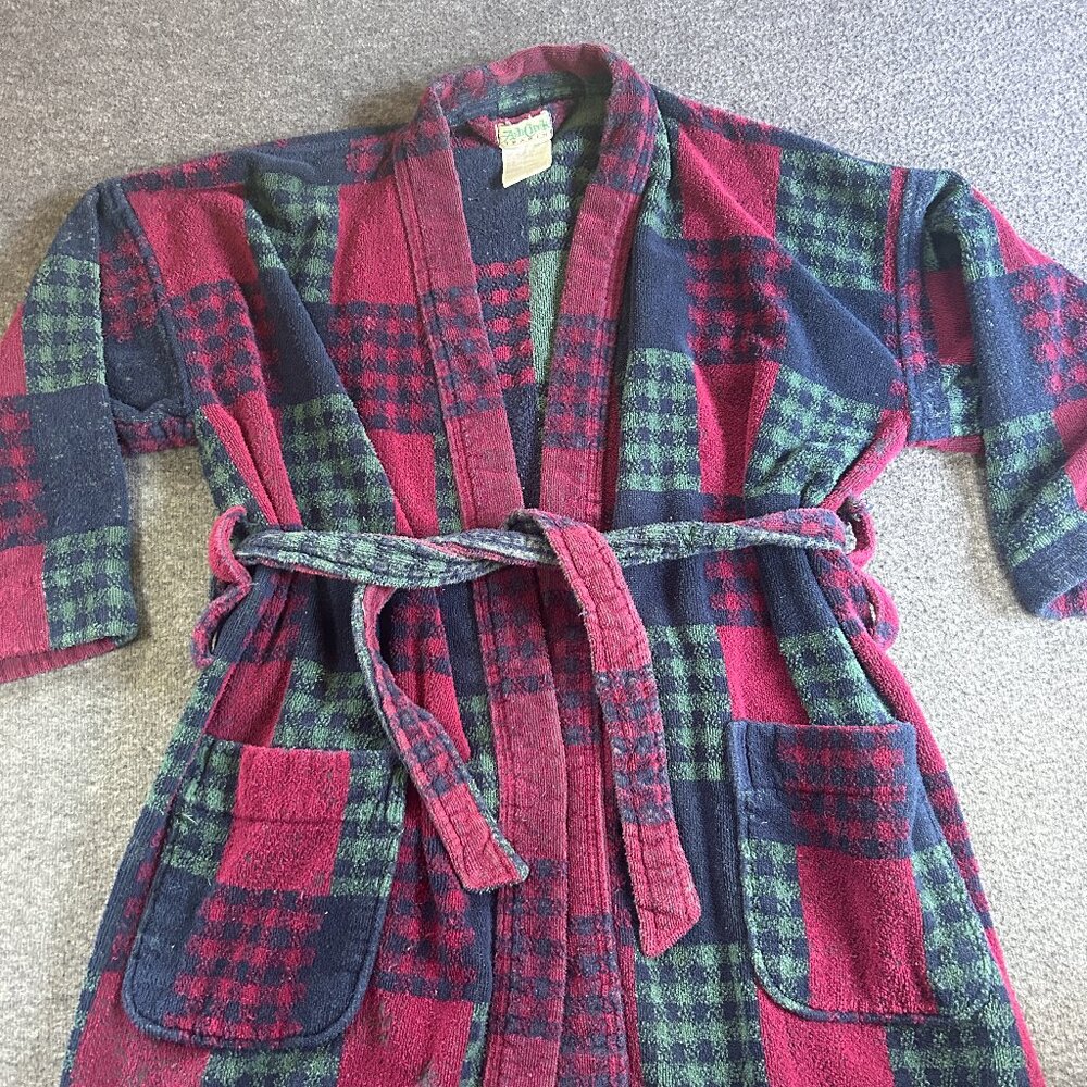 Vintage Ash Creek Dad Robe One Size Terry Cloth Plaid Navy Red Pockets Retro 80s